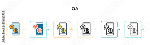 Qa vector icon in 6 different modern styles. Black, two colored qa icons designed in filled, outline, line and stroke style. Vector illustration can be used for web, mobile, ui