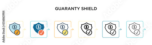 Guaranty shield vector icon in 6 different modern styles. Black, two colored guaranty shield icons designed in filled, outline, line and stroke style. Vector illustration can be used for web, mobile,
