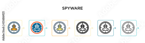 Spyware vector icon in 6 different modern styles. Black, two colored spyware icons designed in filled, outline, line and stroke style. Vector illustration can be used for web, mobile, ui