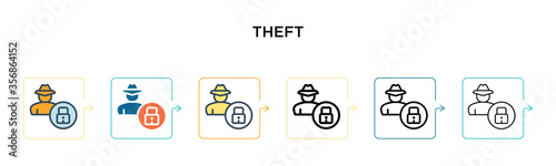 Theft vector icon in 6 different modern styles. Black, two colored theft icons designed in filled, outline, line and stroke style. Vector illustration can be used for web, mobile, ui
