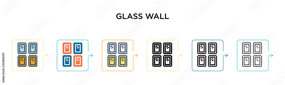 Glass wall vector icon in 6 different modern styles. Black, two colored glass wall icons designed in filled, outline, line and stroke style. Vector illustration can be used for web, mobile, ui Glass wall vector icon in 6 different modern styles. Black, two colored glass wall icons designed in filled, outline, line and stroke style. Vector illustration can be used for web, mobile, ui