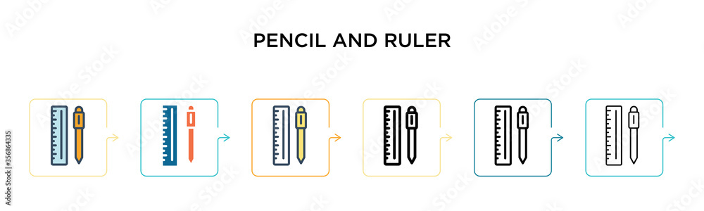 Pencil and ruler vector icon in 6 different modern styles. Black, two colored pencil and ruler icons designed in filled, outline, line and stroke style. Vector illustration can be used for web,