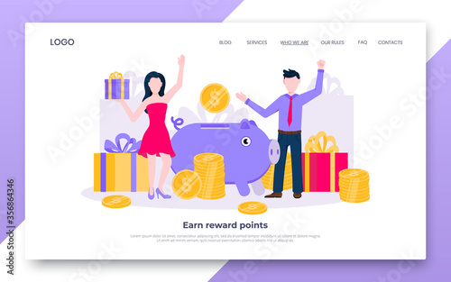 Earn points business landing page concept flat style design vector illustration. Loyalty reward points for purchase cashback program. Earn and get bonus signs. Happy people standing near gift boxes.