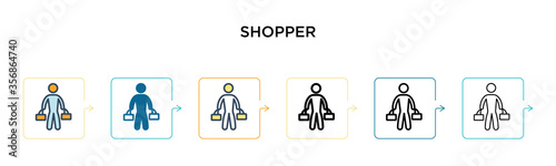Shopper vector icon in 6 different modern styles. Black, two colored shopper icons designed in filled, outline, line and stroke style. Vector illustration can be used for web, mobile, ui
