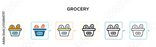 Grocery vector icon in 6 different modern styles. Black, two colored grocery icons designed in filled, outline, line and stroke style. Vector illustration can be used for web, mobile, ui