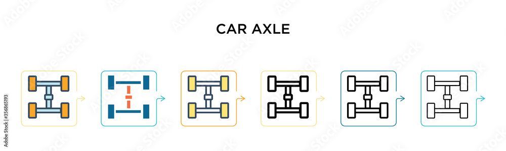 Car axle vector icon in 6 different modern styles. Black, two colored car axle icons designed in filled, outline, line and stroke style. Vector illustration can be used for web, mobile, ui