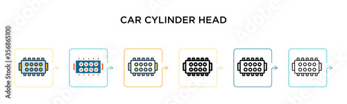 Car cylinder head vector icon in 6 different modern styles. Black, two colored car cylinder head icons designed in filled, outline, line and stroke style. Vector illustration can be used for web,