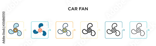 Car fan vector icon in 6 different modern styles. Black, two colored car fan icons designed in filled, outline, line and stroke style. Vector illustration can be used for web, mobile, ui