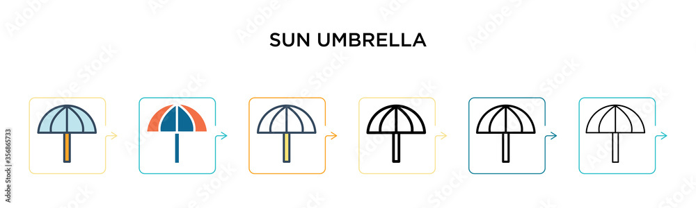 Sun umbrella vector icon in 6 different modern styles. Black, two colored sun umbrella icons designed in filled, outline, line and stroke style. Vector illustration can be used for web, mobile, ui Sun umbrella vector icon in 6 different modern styles. Black, two colored sun umbrella icons designed in filled, outline, line and stroke style. Vector illustration can be used for web, mobile, ui