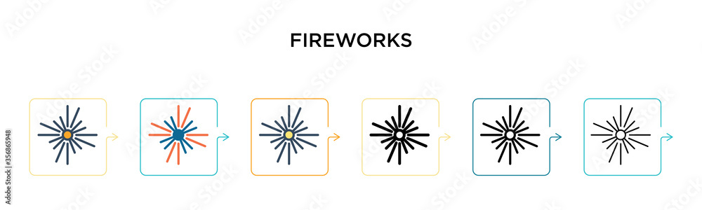 Fireworks vector icon in 6 different modern styles. Black, two colored fireworks icons designed in filled, outline, line and stroke style. Vector illustration can be used for web, mobile, ui Fireworks vector icon in 6 different modern styles. Black, two colored fireworks icons designed in filled, outline, line and stroke style. Vector illustration can be used for web, mobile, ui