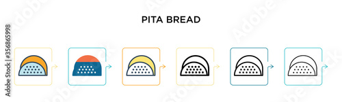 Pita bread vector icon in 6 different modern styles. Black, two colored pita bread icons designed in filled, outline, line and stroke style. Vector illustration can be used for web, mobile, ui