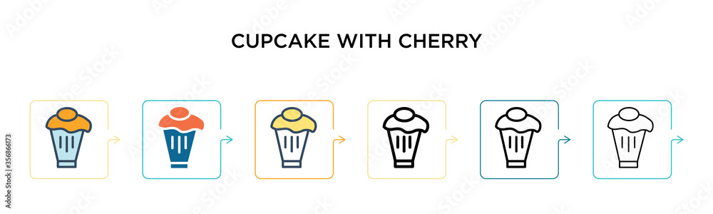 Cupcake with cherry vector icon in 6 different modern styles. Black, two colored cupcake with cherry icons designed in filled, outline, line and stroke style. Vector illustration can be used for web,