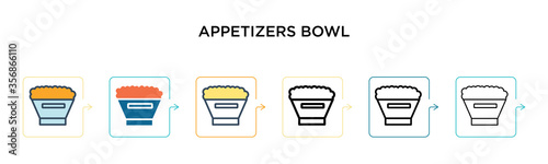 Appetizers bowl vector icon in 6 different modern styles. Black, two colored appetizers bowl icons designed in filled, outline, line and stroke style. Vector illustration can be used for web, mobile,