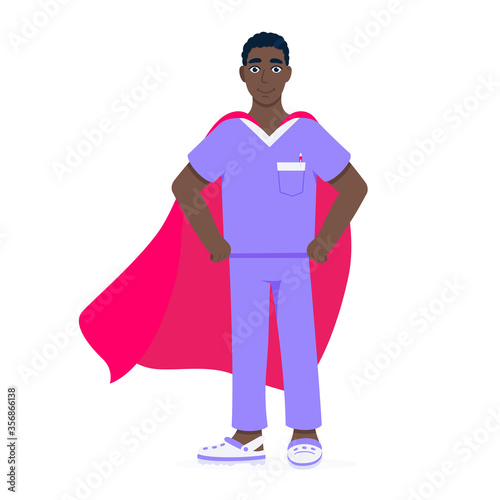 Young male nurse hospital medical employee with hero cape behind fights against diseases and viruses on frontline flat style vector illustration. Future doctor or surgeon medical clinic staff new hero