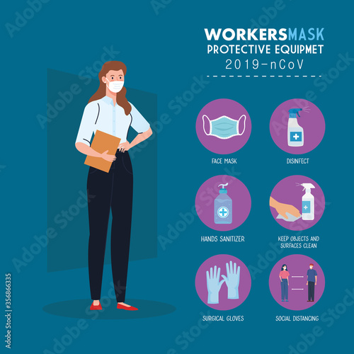 secretary worker wearing medical mask during covid 19 with protective equipment for prevention coronavirus vector illustration design