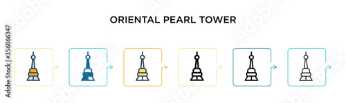 Oriental pearl tower vector icon in 6 different modern styles. Black, two colored oriental pearl tower icons designed in filled, outline, line and stroke style. Vector illustration can be used for