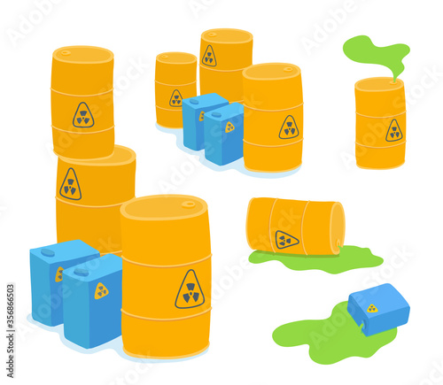 Yellow barrels with radioactive waste. Spilled bright green toxic liquid. Radiation symbols on containers. Industrial pollution problem. A drum, a canister leaking.

