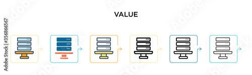 Value vector icon in 6 different modern styles. Black, two colored value icons designed in filled, outline, line and stroke style. Vector illustration can be used for web, mobile, ui