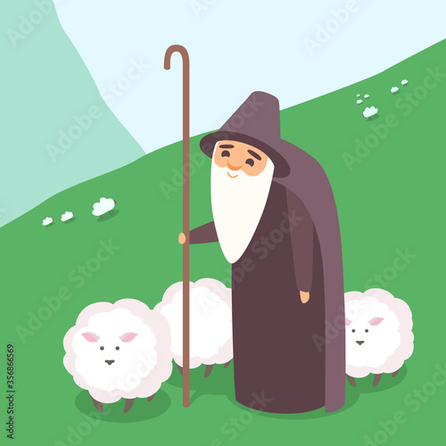 An elderly man shepherd with long cane staff and sheep on a pasture landscape of green hills. Bearded grandfather grazing sheep herd. Senior adult at the meadow.