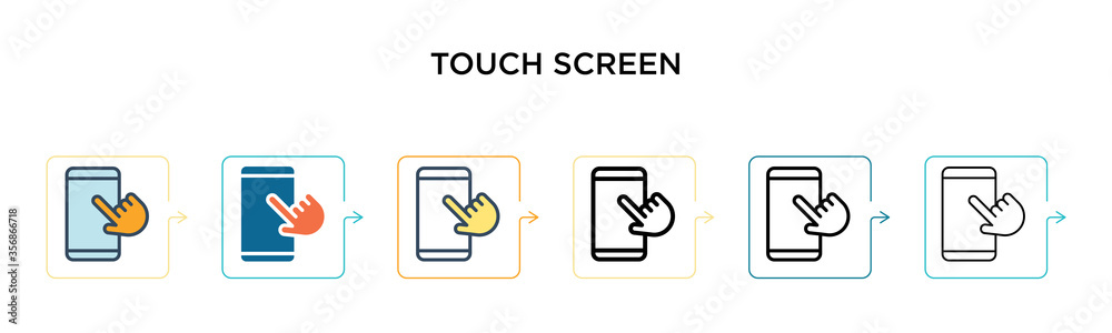 Touch screen vector icon in 6 different modern styles. Black, two colored touch screen icons designed in filled, outline, line and stroke style. Vector illustration can be used for web, mobile, ui Touch screen vector icon in 6 different modern styles. Black, two colored touch screen icons designed in filled, outline, line and stroke style. Vector illustration can be used for web, mobile, ui