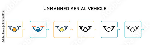Unmanned aerial vehicle vector icon in 6 different modern styles. Black, two colored unmanned aerial vehicle icons designed in filled, outline, line and stroke style. Vector illustration can be used