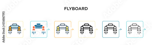 Flyboard vector icon in 6 different modern styles. Black, two colored flyboard icons designed in filled, outline, line and stroke style. Vector illustration can be used for web, mobile, ui