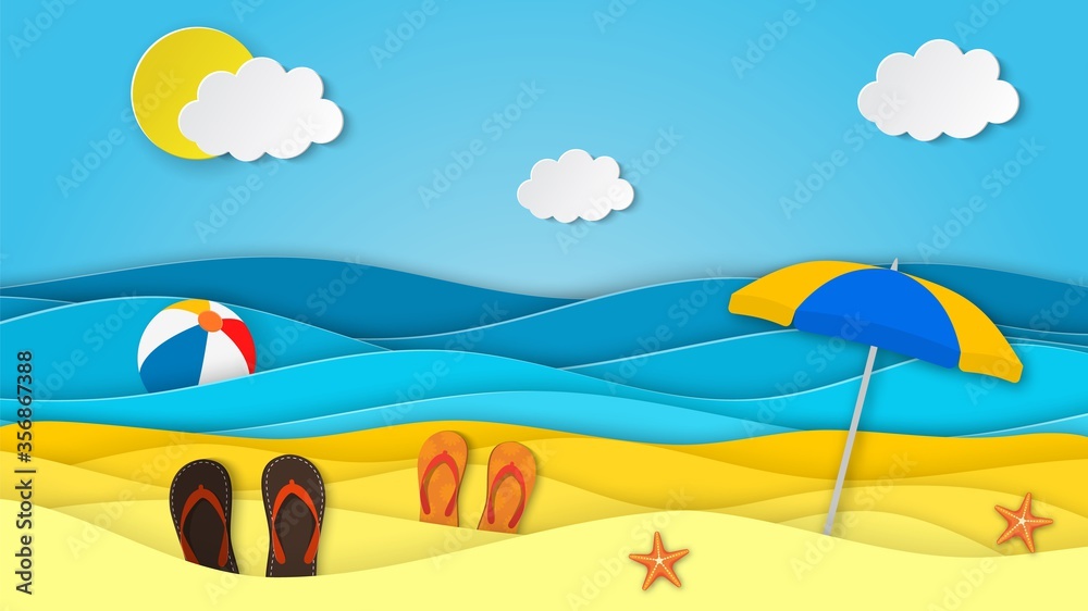 Sea landscape with beach, waves, clouds, Flipflops shoe. Paper cut out digital craft style. abstract blue sea and beach summer background with paper waves and seacoast. Vector illustration
