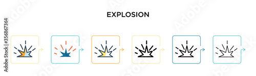 Explosion vector icon in 6 different modern styles. Black, two colored explosion icons designed in filled, outline, line and stroke style. Vector illustration can be used for web, mobile, ui