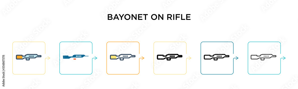 Bayonet on rifle vector icon in 6 different modern styles. Black, two colored bayonet on rifle icons designed in filled, outline, line and stroke style. Vector illustration can be used for web, Bayonet on rifle vector icon in 6 different modern styles. Black, two colored bayonet on rifle icons designed in filled, outline, line and stroke style. Vector illustration can be used for web,