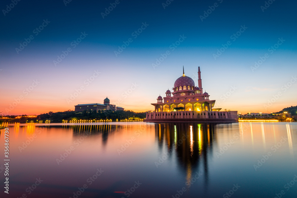 Blue Hour view of floating Putra Mosque in Putrajaya, Malaysia