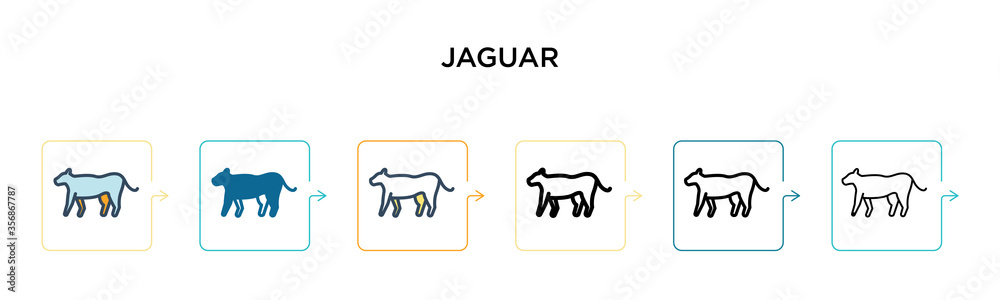 Jaguar vector icon in 6 different modern styles. Black, two colored jaguar icons designed in filled, outline, line and stroke style. Vector illustration can be used for web, mobile, ui