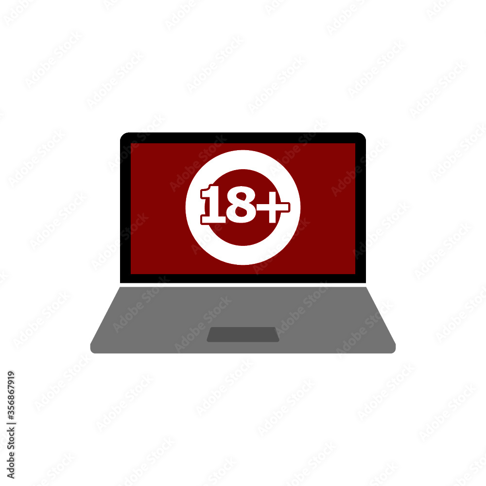 Laptop with 18 plus content icon isolated on white background Laptop with 18 plus content icon isolated on white background