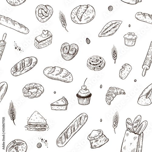 Hand drawn bakery seamless pattern, doodles elements background. Vector sketchy illustration