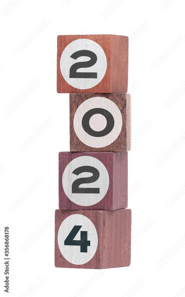 Four isolated hardwood toy blocks, saying 2024 Four isolated hardwood toy blocks, saying 2024