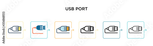 Usb port vector icon in 6 different modern styles. Black, two colored usb port icons designed in filled, outline, line and stroke style. Vector illustration can be used for web, mobile, ui