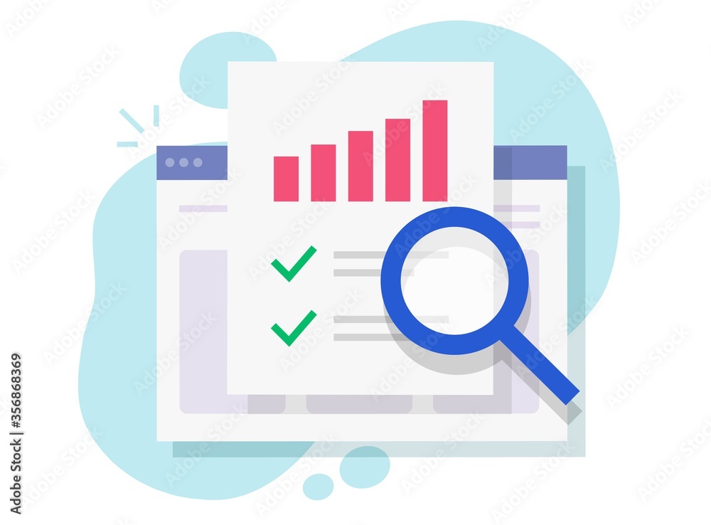 Financial audit research online on internet web page or digital analysis and analytics electronic report vector flat, concept of accounting or sales finance market statistic inspection, quality icon - obrazy, fototapety, plakaty 