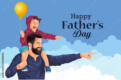 Happy Father's Day greeting card. Cheerful son sits on the shoulders of his father. Love concept. Vector illustration on light background
