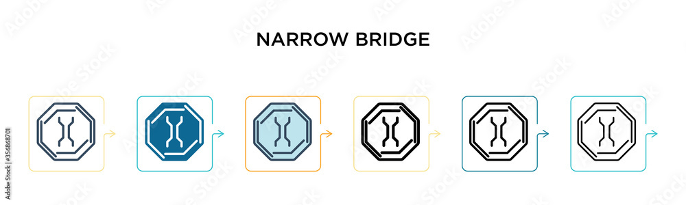 Narrow bridge sign vector icon in 6 different modern styles. Black, two colored narrow bridge sign icons designed in filled, outline, line and stroke style. Vector illustration can be used for web, Narrow bridge sign vector icon in 6 different modern styles. Black, two colored narrow bridge sign icons designed in filled, outline, line and stroke style. Vector illustration can be used for web,