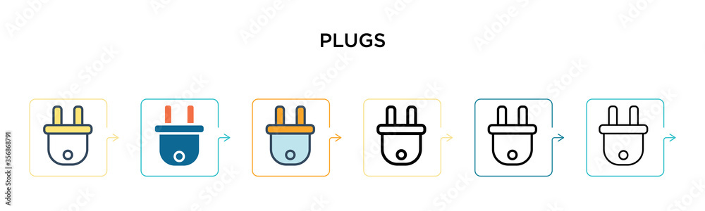 Fototapeta premium Plugs vector icon in 6 different modern styles. Black, two colored plugs icons designed in filled, outline, line and stroke style. Vector illustration can be used for web, mobile, ui