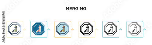 Merging sign vector icon in 6 different modern styles. Black, two colored merging sign icons designed in filled, outline, line and stroke style. Vector illustration can be used for web, mobile, ui