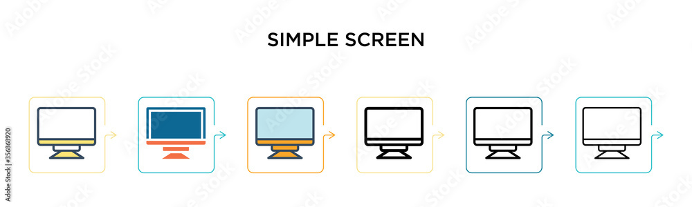 Simple screen vector icon in 6 different modern styles. Black, two colored simple screen icons designed in filled, outline, line and stroke style. Vector illustration can be used for web, mobile, ui Simple screen vector icon in 6 different modern styles. Black, two colored simple screen icons designed in filled, outline, line and stroke style. Vector illustration can be used for web, mobile, ui