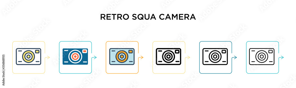 Retro squared camera vector icon in 6 different modern styles. Black, two colored retro squared camera icons designed in filled, outline, line and stroke style. Vector illustration can be used for Retro squared camera vector icon in 6 different modern styles. Black, two colored retro squared camera icons designed in filled, outline, line and stroke style. Vector illustration can be used for