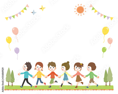 Illustration of kids walking hand in hand