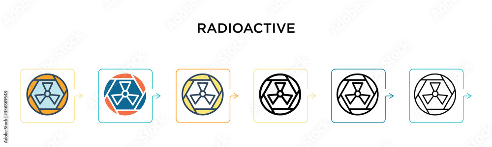 Radioactive symbol vector icon in 6 different modern styles. Black, two colored radioactive symbol icons designed in filled, outline, line and stroke style. Vector illustration can be used for web, Radioactive symbol vector icon in 6 different modern styles. Black, two colored radioactive symbol icons designed in filled, outline, line and stroke style. Vector illustration can be used for web,