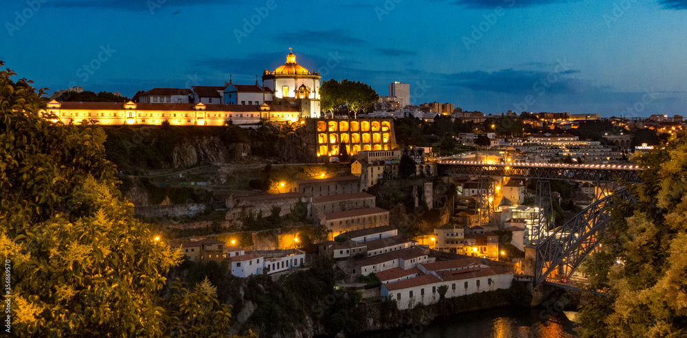 Monastery in Vila Nova de Gaia at sunset, viewed from Porto, Portugal