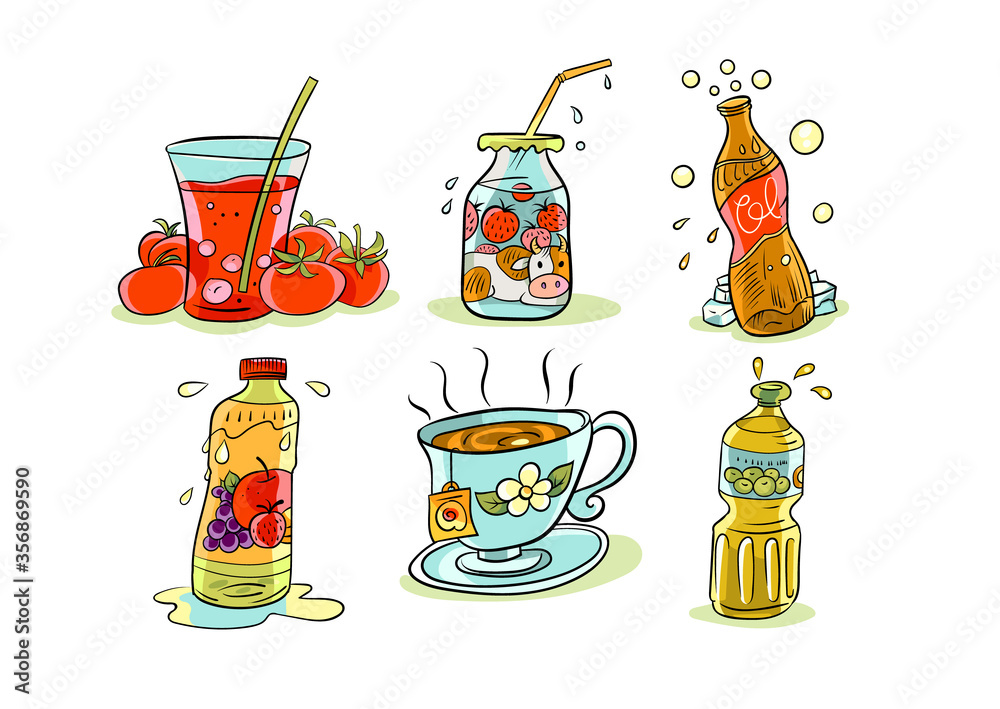 a collection of cartoon icons with images of various food products in particular beverages a collection of cartoon icons with images of various food products in particular beverages