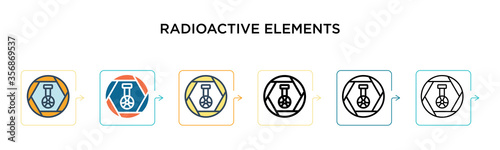 Radioactive elements vector icon in 6 different modern styles. Black, two colored radioactive elements icons designed in filled, outline, line and stroke style. Vector illustration can be used for