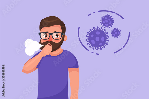 Cartoon hipster bearded young man with coronavirus dry cough symptom. Flat style character vector illustration