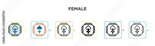 Female sign vector icon in 6 different modern styles. Black, two colored female sign icons designed in filled, outline, line and stroke style. Vector illustration can be used for web, mobile, ui