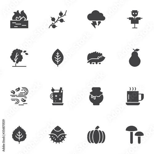 Autumn related vector icons set, autumn season modern solid symbol collection, filled style pictogram pack. Signs logo illustration. Set includes icons as tree foliage, stormy weather, wind, vegetable
